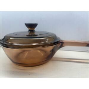 80s VTG Corning Visions Amber Glass .5L Saucepan W/Pyrex Lid & Spout Made In USA